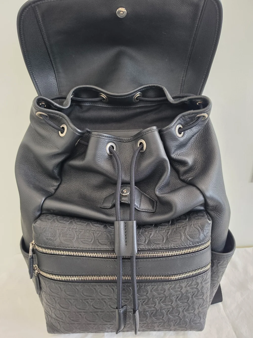 Salvatore Ferragamo Black Embossed Leather Backpack with Dual Front Zips
